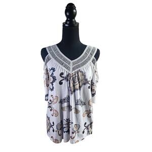 Womens Cato Size Small Paisley Blouse Cold Shoulder White Tan Blue